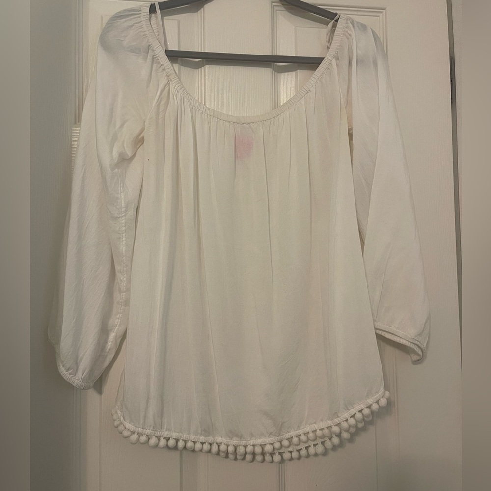 Lilly Pulitzer White Off The Shoulder Top with Pom Pom Fringe Size Small